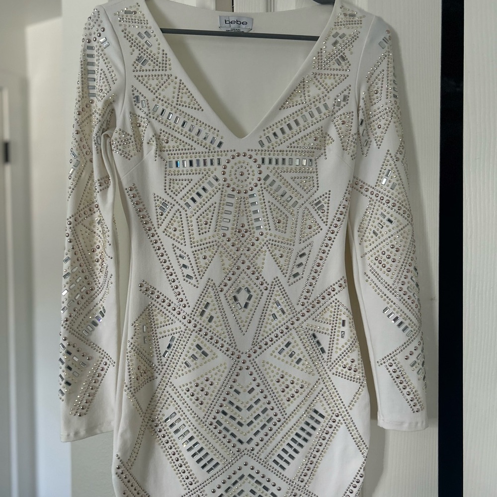 Bebe White Long Sleeve Embellished Dress